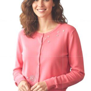 Sunburst Button Up Top Wmn's Sz M Pink Long Sleeve Soft Knit Embellished Cotton